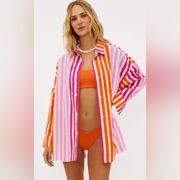 Beach Riot Pink Orange Stripe Alexa Long Sleeve Cotton Cover-Up Top Resortwear - Picture 5 of 11